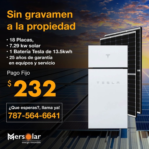 18 Placas 7.29 Kw Solar + 1 Tesla 13.5 kwh desde $232